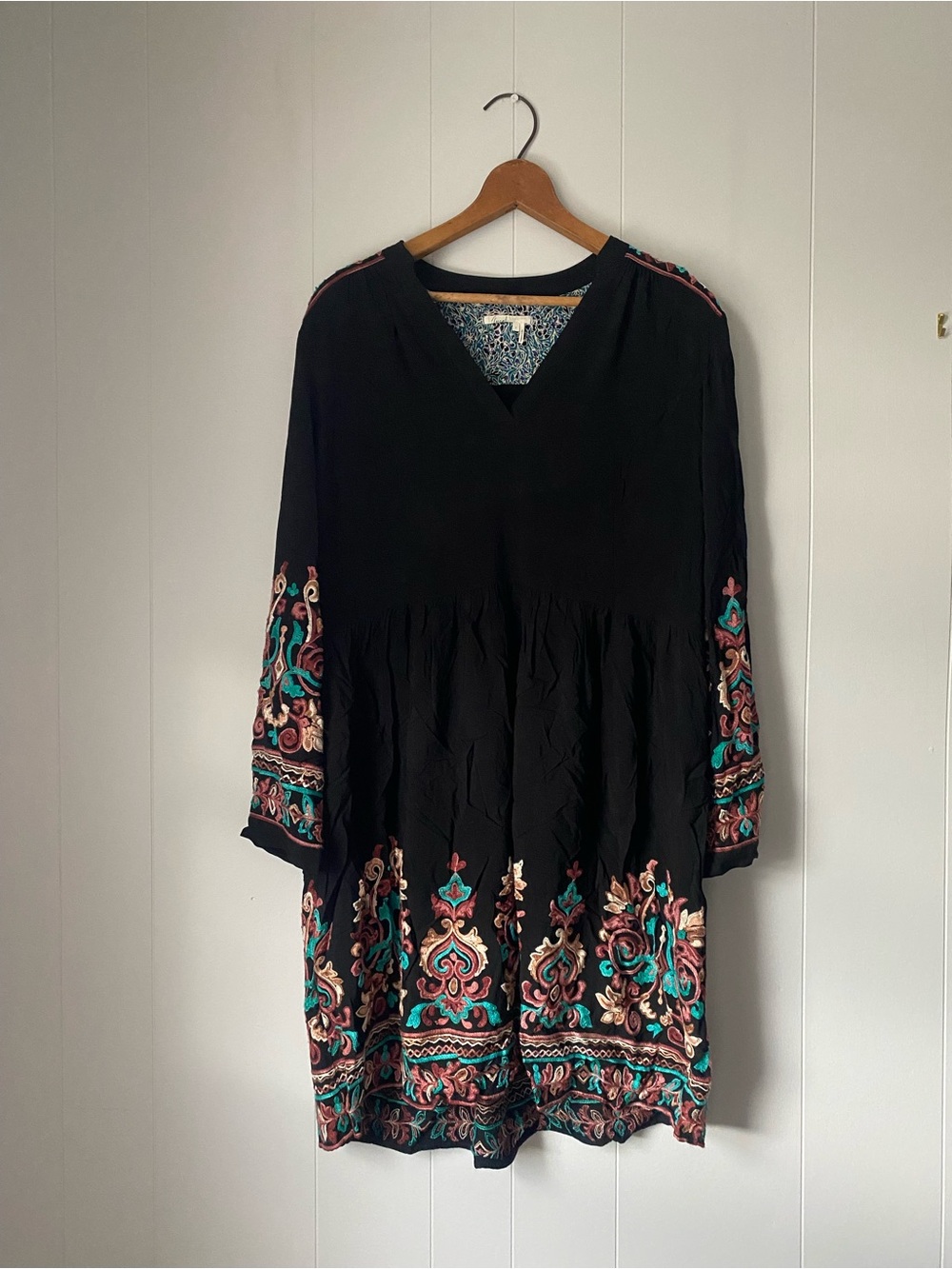 Floreat Black Embroidered Mini Dress with Teal & Coral Accents